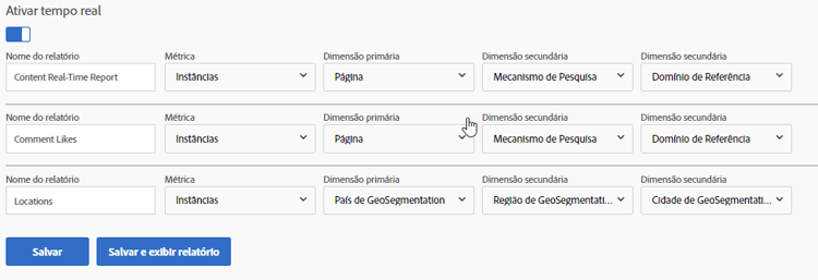 Configuração de relatórios em tempo real