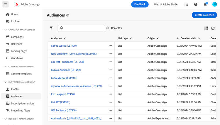 Captura de tela mostrando a lista de públicos disponíveis na Web do Campaign.