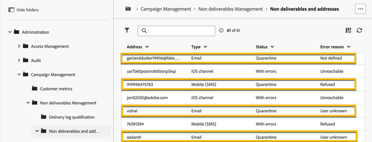Local de quarentena na interface do Adobe Campaign