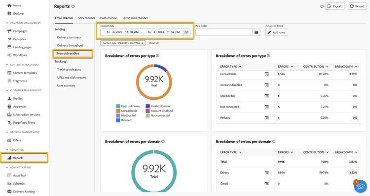 Colocar relatórios em quarentena na interface do Adobe Campaign