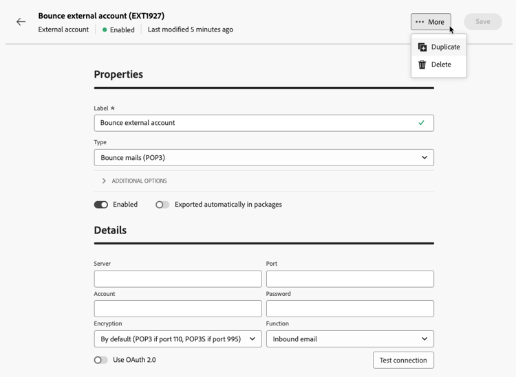 Captura de tela mostrando o menu Mais com opções para duplicar ou excluir a conta externa.