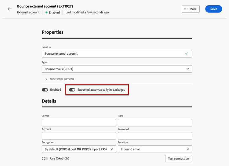 Captura de tela mostrando a opção para habilitar a exportação automática em pacotes.