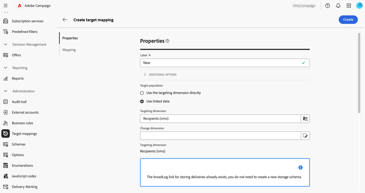 Tela de propriedades de Target mappings mostrando opções de população