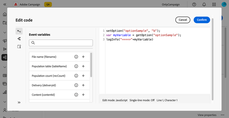 Interface de configuração da atividade do código JavaScript