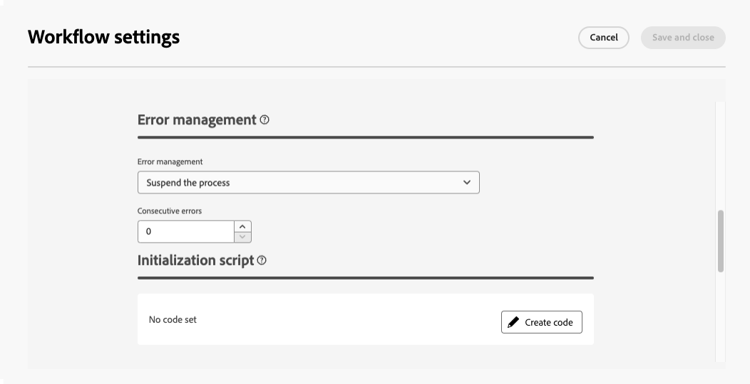 Interface de script de inicialização de fluxo de trabalho mostrando a opção de criação de código