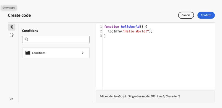 Interface do editor de código JavaScript mostrando funções predefinidas