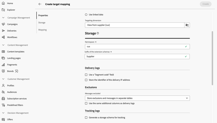 Exemplo de opções de armazenamento para novas dimensões de direcionamento
