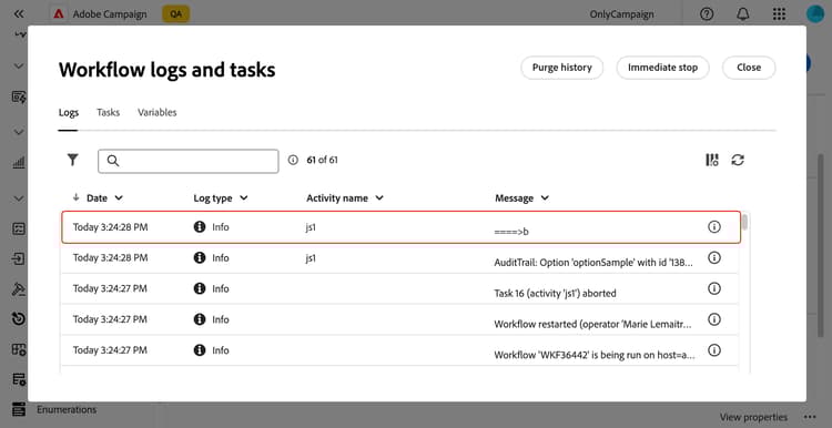 Logs de fluxo de trabalho mostrando o valor atualizado da opção personalizada
