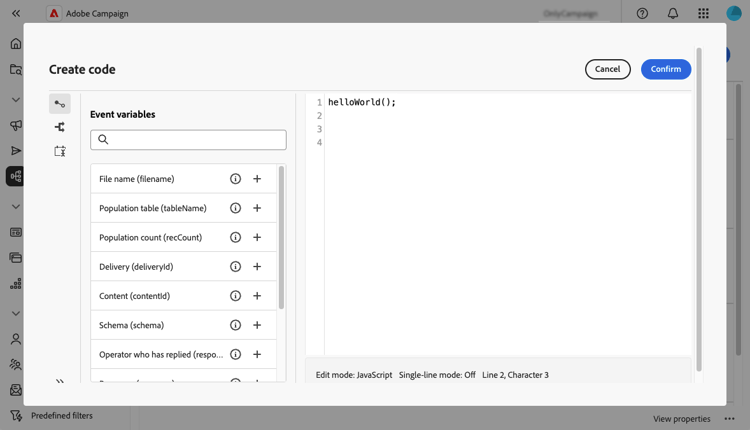 Interface de fluxo de trabalho mostrando o uso da função JavaScript