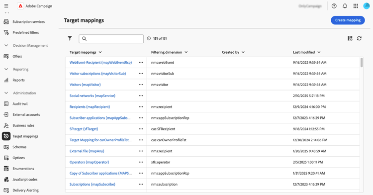 Tela da lista de mapeamentos de público alvo mostrando os mapeamentos disponíveis