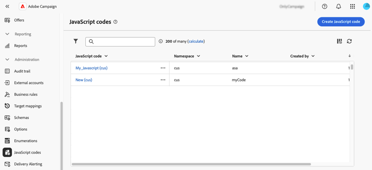 Interface da lista de códigos JavaScript mostrando as opções disponíveis