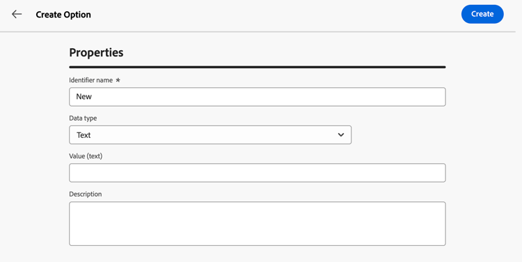 Criar interface de opção mostrando campos para nome, tipo e valor