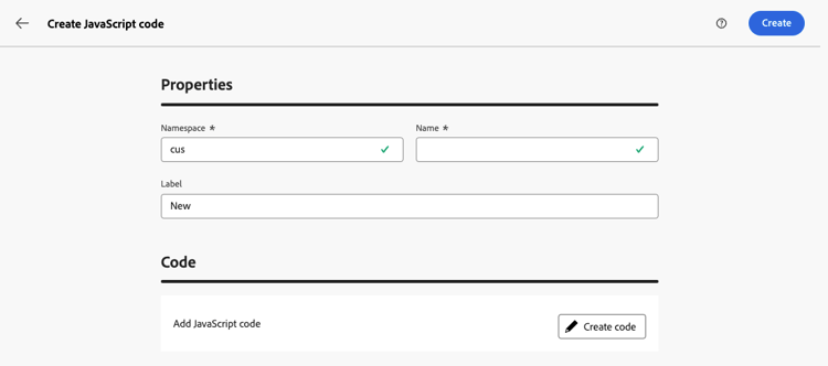 Interface de criação do código JavaScript mostrando campos de namespace, nome e rótulo