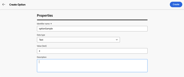 Interface de criação de opção personalizada mostrando o nome e o valor inicial a