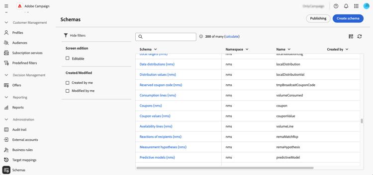 Tela da lista de esquemas mostrando os esquemas e filtros disponíveis
