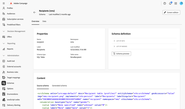 Tela da lista de esquemas mostrando os esquemas e filtros disponíveis