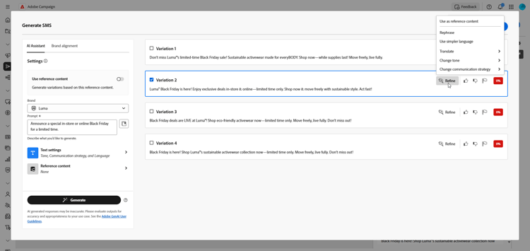 Variações de texto geradas com a Pontuação de alinhamento da marca