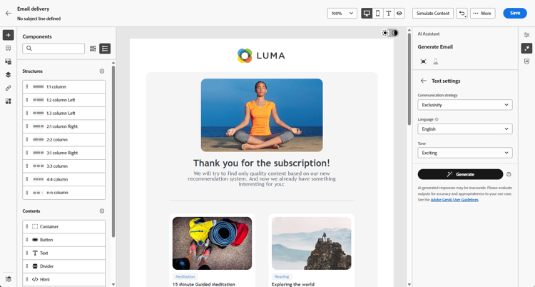 Captura de tela mostrando as opções de configurações de texto na Adobe Campaign Web