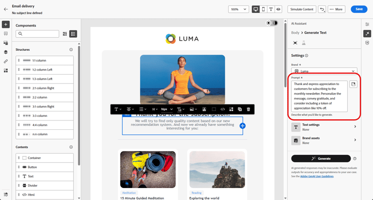 Captura de tela mostrando a biblioteca de prompts na Adobe Campaign Web