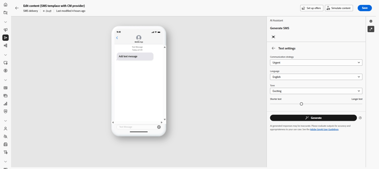 Painel de configurações de texto