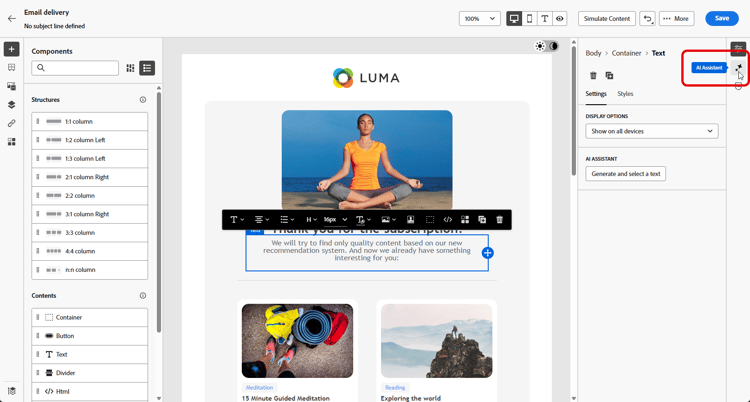 Captura de tela mostrando a seleção do componente de texto na Adobe Campaign Web