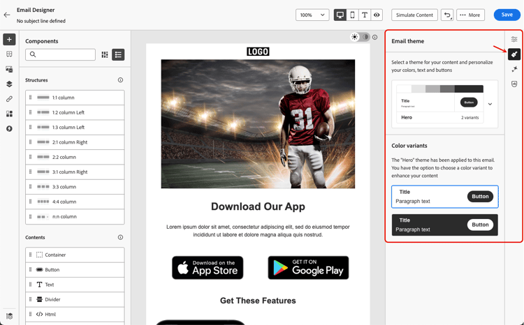 Tela Email Designer com o painel Temas aberto mostrando o tema ativo e as variantes de cores