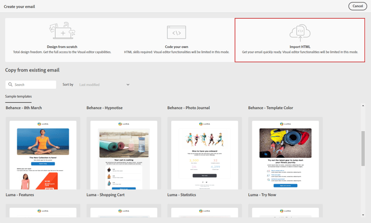 Captura de tela mostrando a opção Importar HTML na página inicial do Designer de email.
