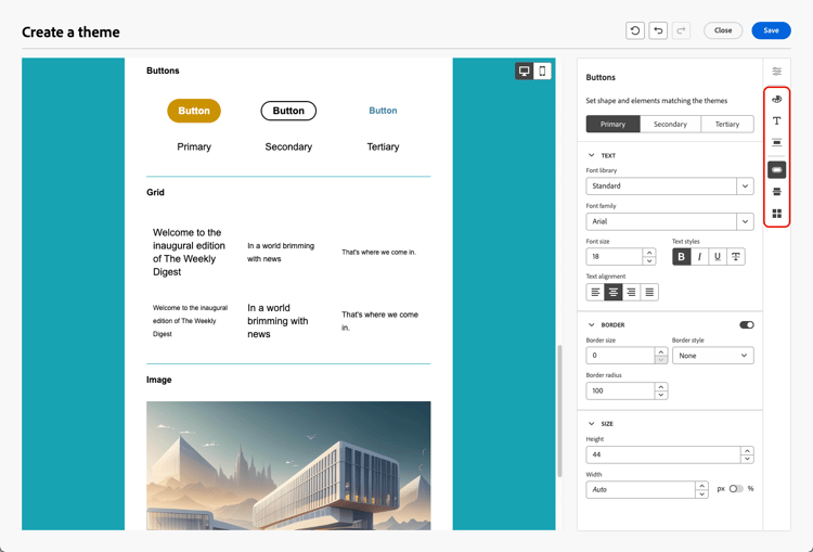 Controles de estilo de botão no painel direito do editor de temas