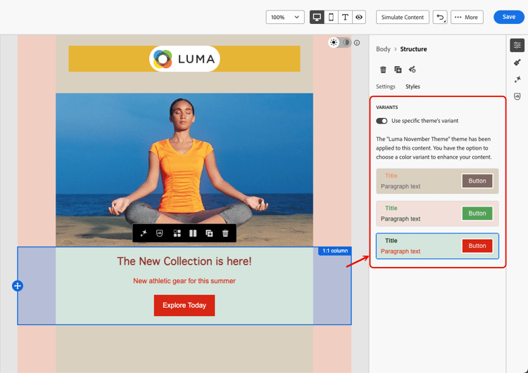Estrutura selecionada com a opção Usar variante de tema específica na guia Estilos