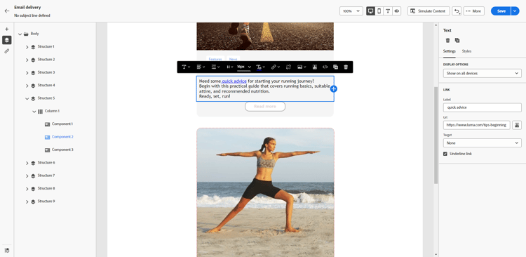 Captura de tela mostrando a opção de link Sublinhado na guia Configurações.
