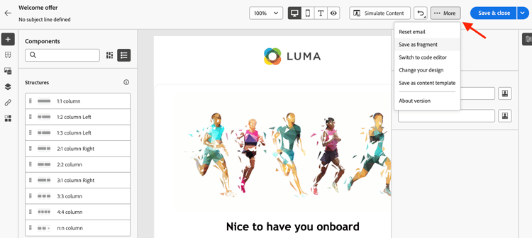 Opção Salvar como fragmento no Email Designer