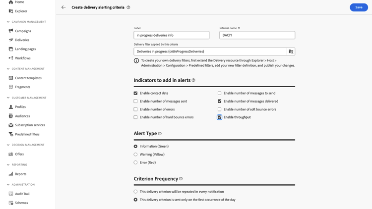 Exemplo de propriedades de critérios de alerta com o filtro selecionado