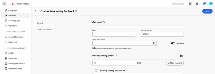 Captura de tela mostrando a opção Habilitada nas configurações do painel de entrega.