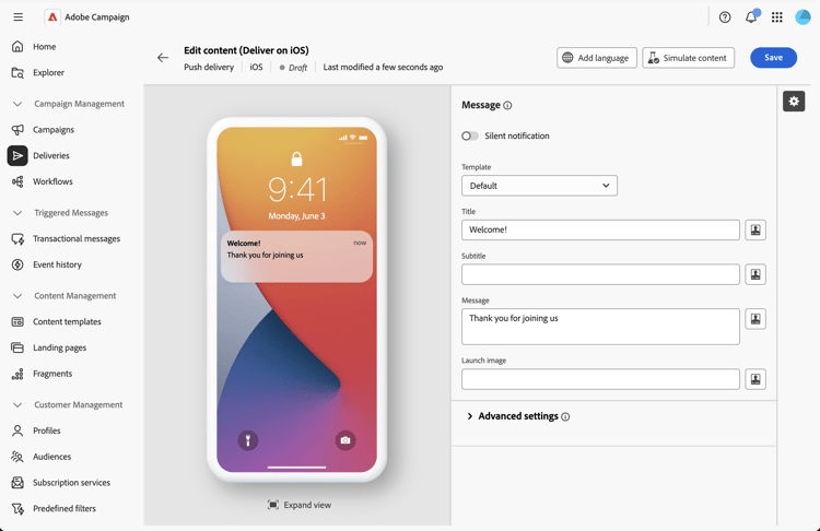 Captura de tela mostrando o botão Adicionar idioma no editor de conteúdo de notificação por push