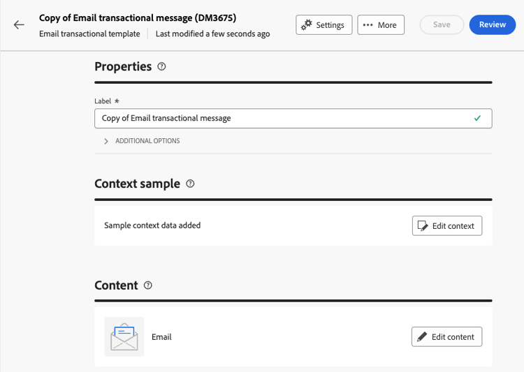 Captura de tela mostrando a página de configuração para modelos de mensagem transacional.