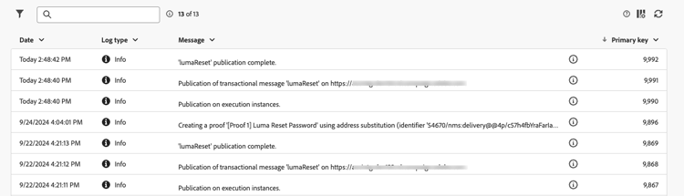 Captura de tela mostrando a lista detalhada de logs na guia de logs.