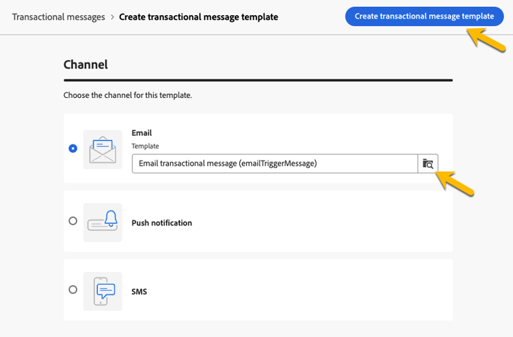 Captura de tela mostrando a seleção de canal para modelos de mensagem transacional.