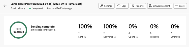 Captura de tela mostrando relatórios detalhados para uma mensagem transacional selecionada.