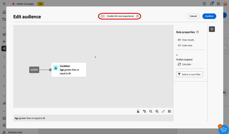 Imagem mostrando a alternância para a nova interface do construtor de regras