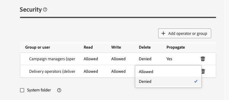 Exemplo de permissões negadas nas configurações de segurança de pasta