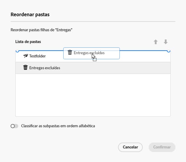 Funcionalidade de arrastar e soltar para reordenar pastas