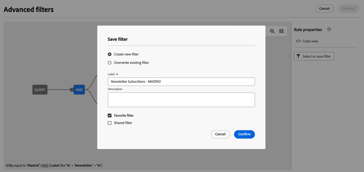 Salvar interface de detalhes dos filtros