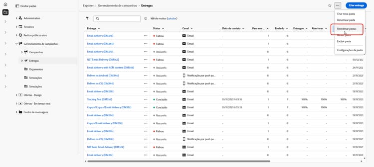 Interface de reordenar pastas, mostrando a hierarquia de pastas