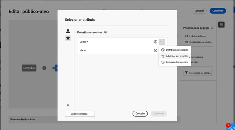 Menu de atributos favoritos e recentes, mostrando atributos favoritos e usados recentemente.