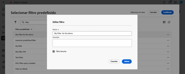 Edição de filtros predefinidos