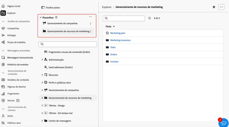 Captura de tela do local das pastas favoritas