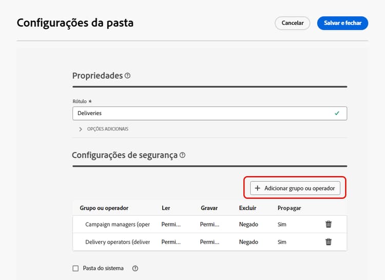 Exemplo de configurações de segurança de pasta no Adobe Campaign