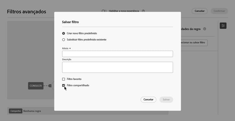 Opção de filtro compartilhado