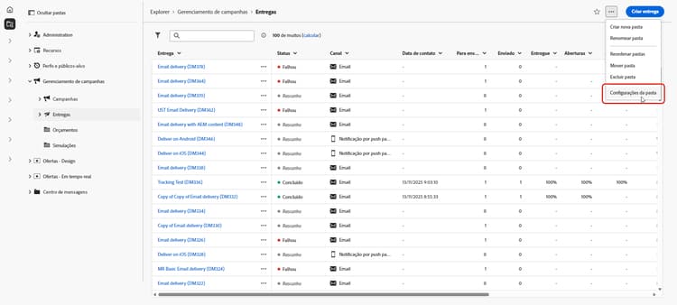 Exemplo de configurações de pasta no Adobe Campaign
