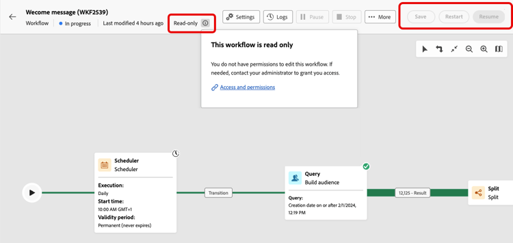 Interface de fluxo de trabalho somente leitura mostrando o botão de configurações e os botões de ação desabilitados.